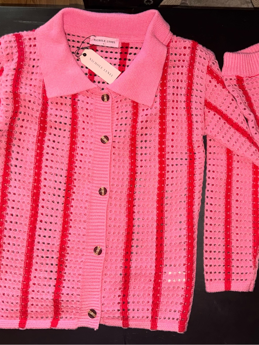 Pink & Red Striped Open-Knit Polo Cardigan 2pc Sweater Shorts Set
